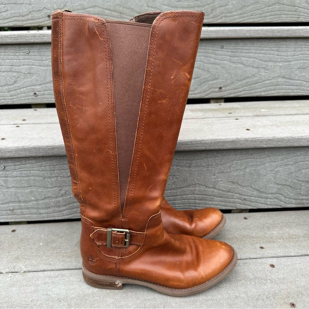 Timberland EK Savin Hill Brown Leather Tall Riding Boots Buckles Elastic